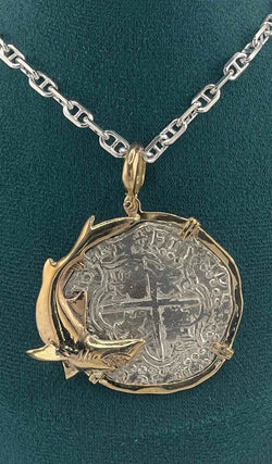 NUESTRA SENORA DE ATOCHA SOLID LARGE SILVER COIN PENDANT IN 14KT SOLID FISH GOLD BEZEL