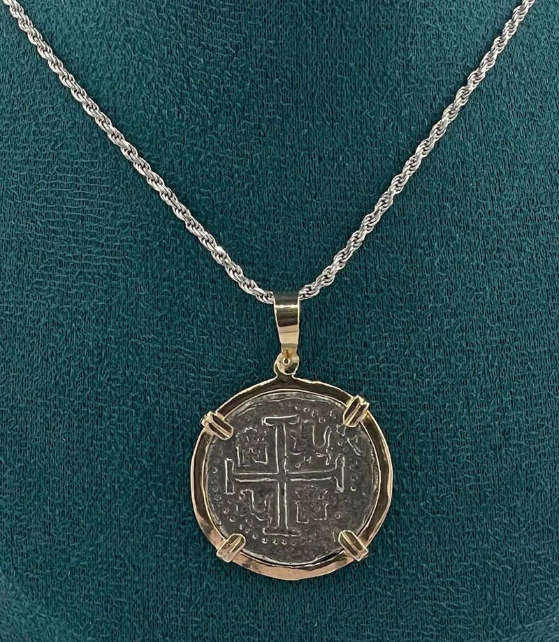 NUESTRA SENORA DE ATOCHA SILVER COIN PENDANT IN 14KT SOLID GOLD BEZEL