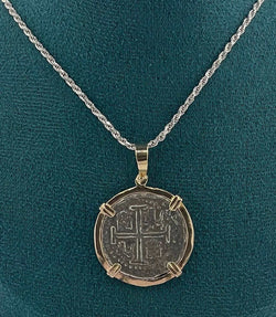 NUESTRA SENORA DE ATOCHA SILVER COIN PENDANT IN 14KT SOLID GOLD BEZEL