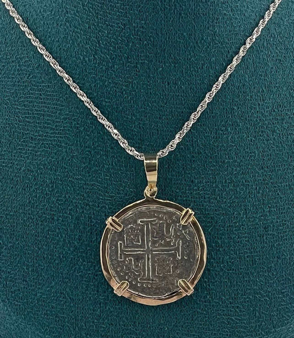 NUESTRA SENORA DE ATOCHA SILVER COIN PENDANT IN 14KT SOLID GOLD BEZEL