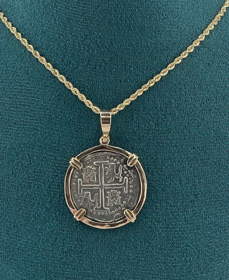 NUESTRA SENORA DE ATOCHA SILVER COIN PENDANT IN 14KT SOLID GOLD BEZEL