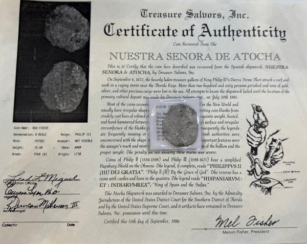 ACTUAL COIN NUESTRA SENORA DE ATOCHA SILVER COIN 8 REALE GRADE 4