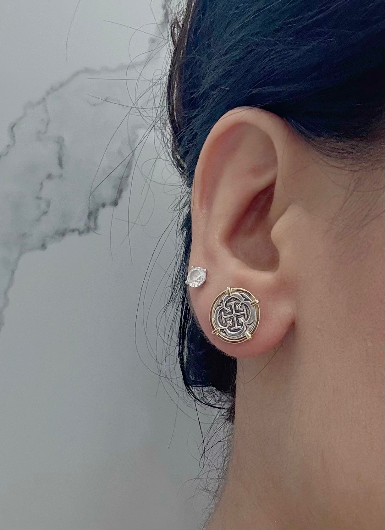 ATOCHA MINI SILVER COIN EARRINGS IN 14k GOLD BEZEL 12MM