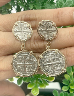 ATOCHA SILVER COIN STUD DANGLE EARRINGS IN 14k GOLD BEZEL