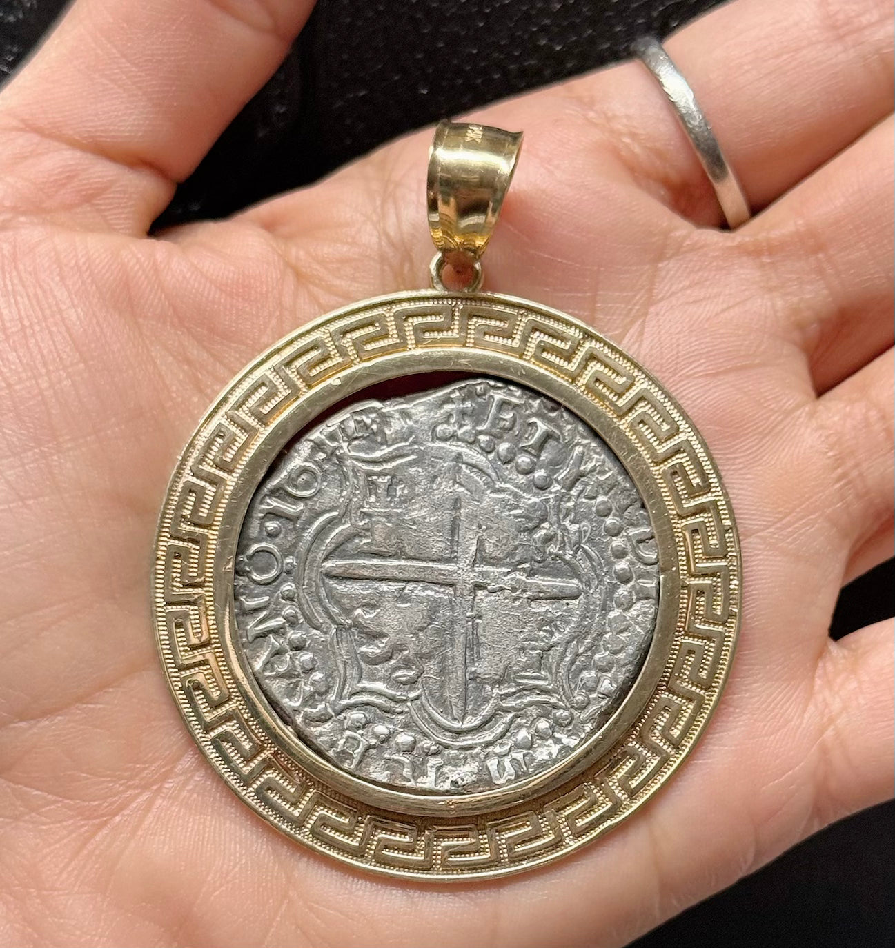 ATOCHA LARGE SILVER COIN PENDANT IN 10KT REAL GOLD SETTING