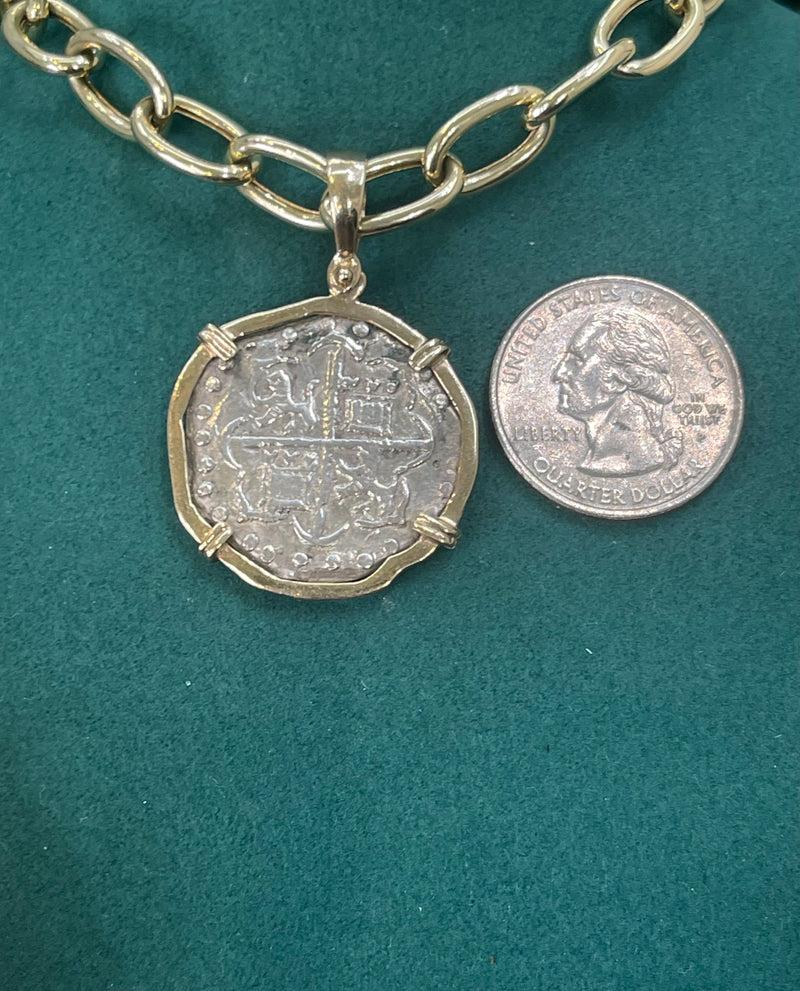 NUESTRA SENORA DE ATOCHA SILVER COIN PENDANT IN 14KT SOLID GOLD BEZEL WITH 14K REAL GOLD CHAIN 18” LONG