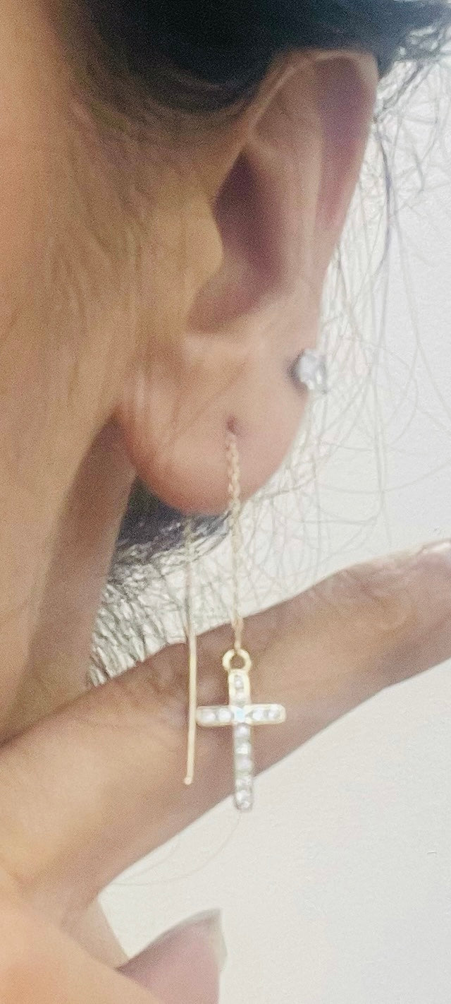 14K REAL GOLD CROSS THREAD EARRINGS.