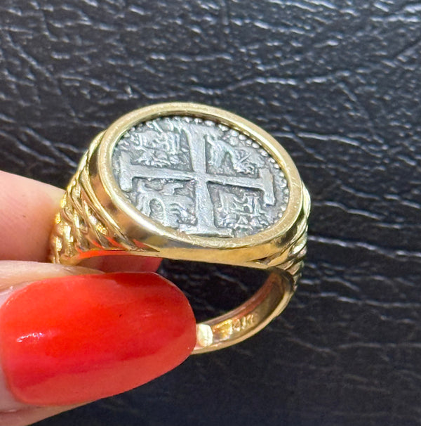 NUESTRA SENORA DE ATOCHA SILVER COIN RING IN 14k SOLID REAL GOLD BEZEL AND BAND