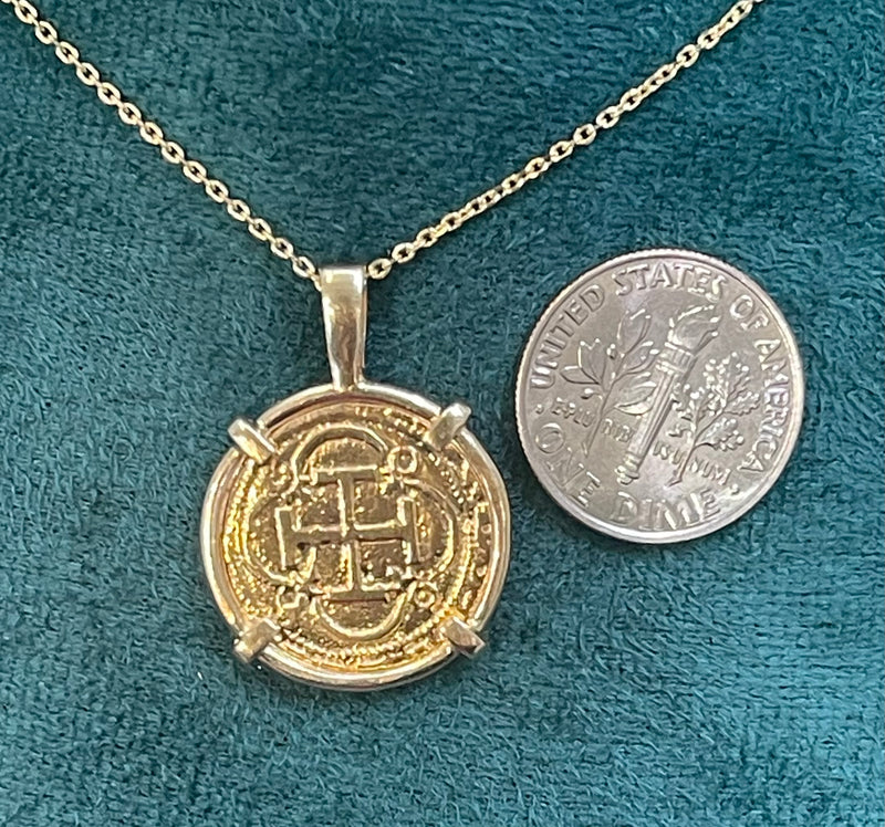 ATOCHA SHIPWRECK GOLD COIN PENDANT HANDMADE WITH 14k SOLID GOLD WITH 14k REAL GOLD CHAIN 18” LONG