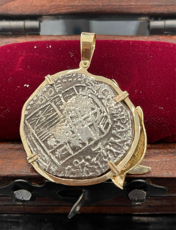 NUESTRA SENORA DE ATOCHA SOLID LARGE SILVER COIN PENDANT IN 14KT SOLID REAL GOLD FISH BEZEL