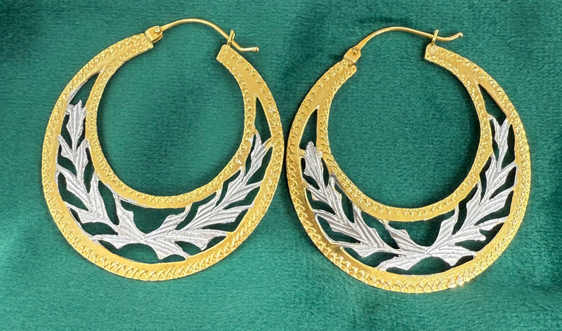 14K REAL GOLD HANDMADE JUMBO CUBAN HOOP EARRINGS TWO TONE