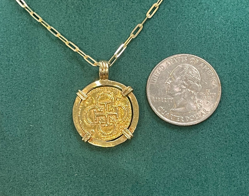 ATOCHA SHIPWRECK 14k SOLID GOLD COIN PENDANT WITH 14k GOLD CHAIN 22” LONG