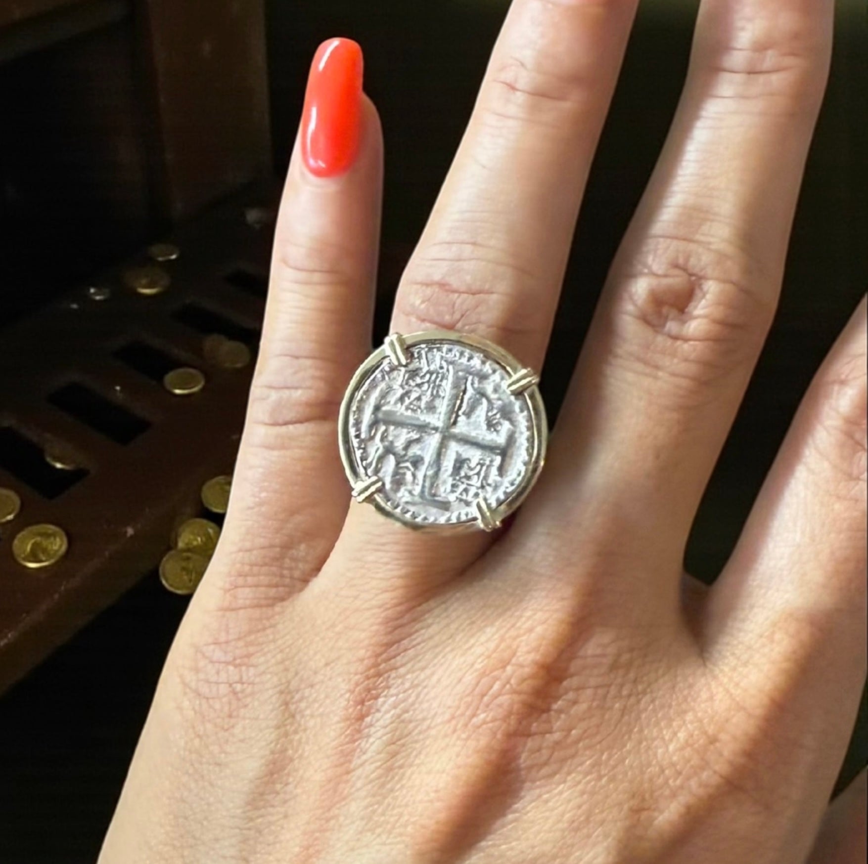 ATOCHA SILVER COIN RING IN 14k REAL GOLD BEZEL AND SILVER BAND