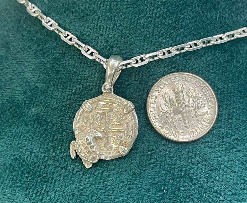 NUESTRA SENORA DE ATOCHA SOLID SILVER COIN PENDANT WITH TURTLE