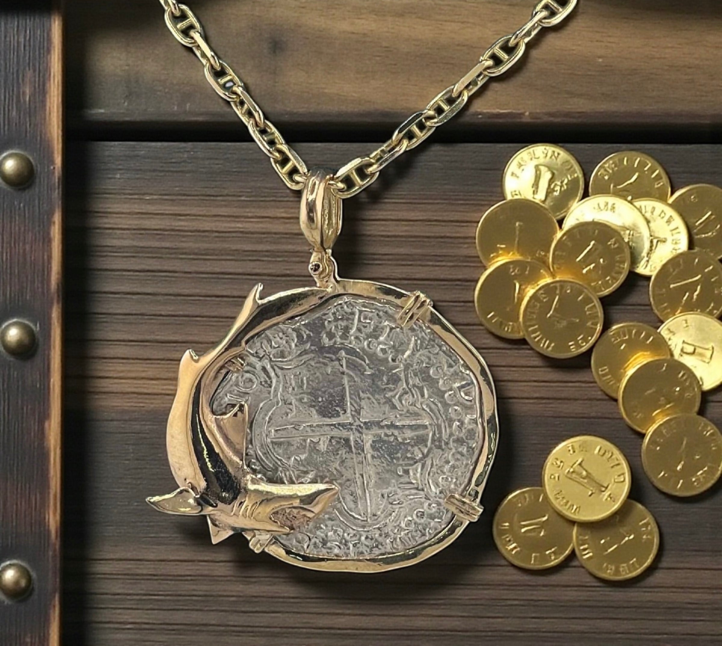 NUESTRA SENORA DE ATOCHA SOLID LARGE SILVER COIN PENDANT IN 14KT SOLID GOLD FISH BEZEL