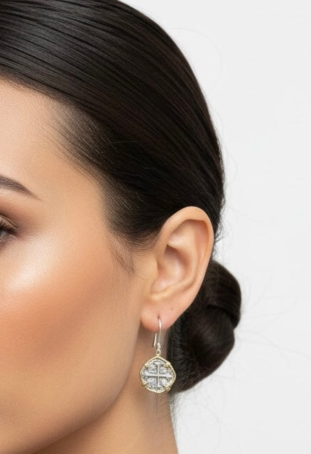 ATOCHA SILVER COIN DANGLE EARRINGS IN 14k GOLD BEZEL 15MM