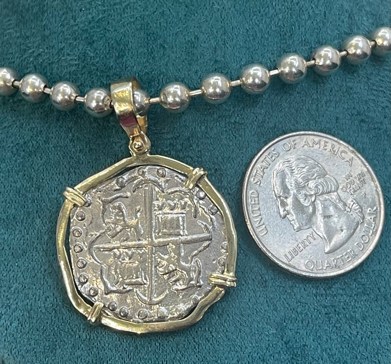 NUESTRA SENORA DE ATOCHA SILVER COIN PENDANT IN 14KT SOLID GOLD BEZEL WITH 925 STERLING SILVER BEAD CHAIN 18” LONG