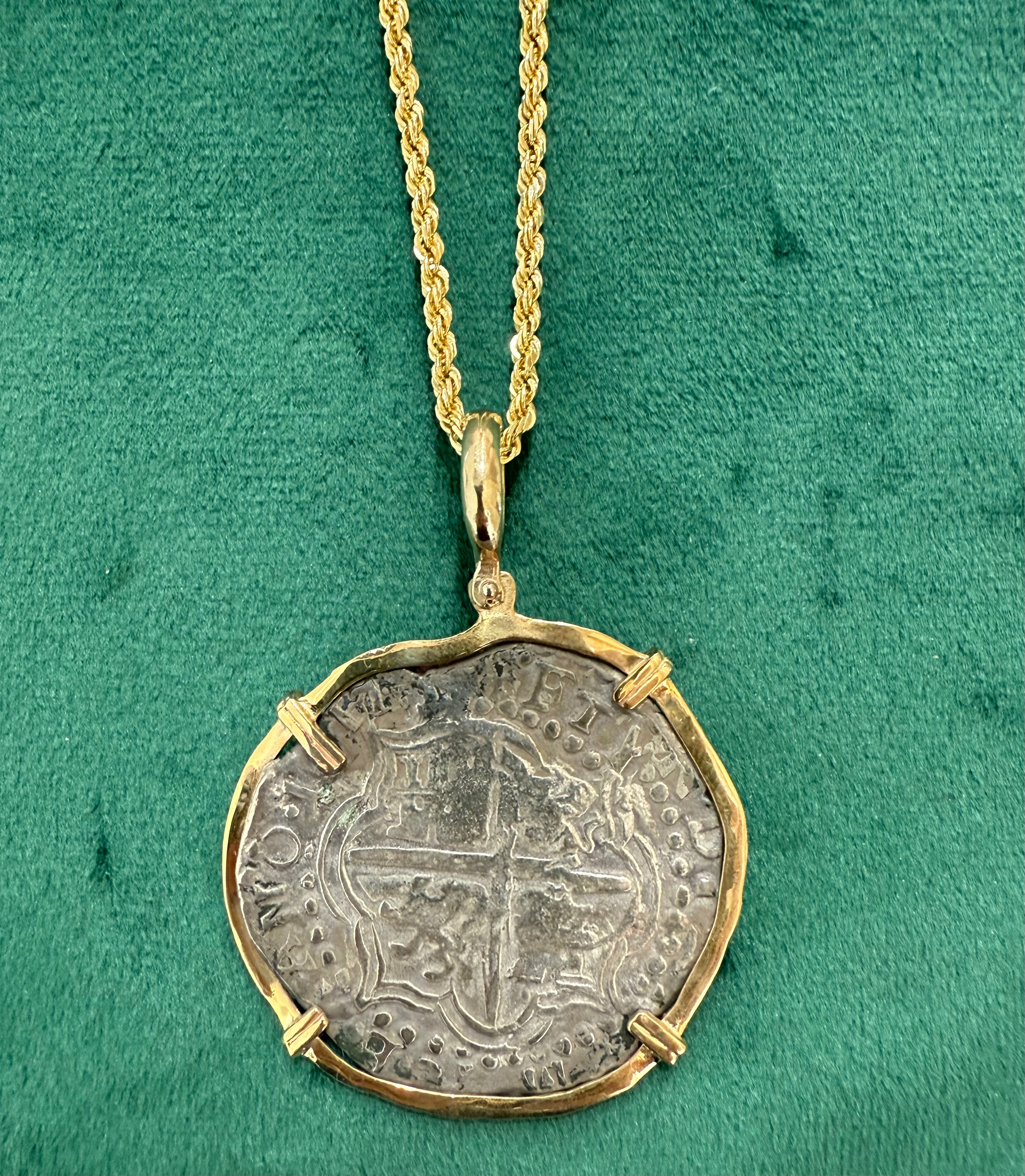 ATOCHA SOLID LARGE SIZE SILVER COIN PENDANT IN 14KT SOLID GOLD BEZEL