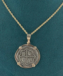 NUESTRA SENORA DE ATOCHA SILVER COIN PENDANT IN 14KT SOLID GOLD BEZEL