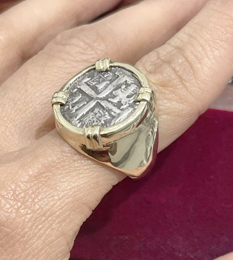 NUESTRA SENORA DE ATOCHA SILVER COIN RING IN 14k SOLID REAL GOLD BEZEL AND BAND