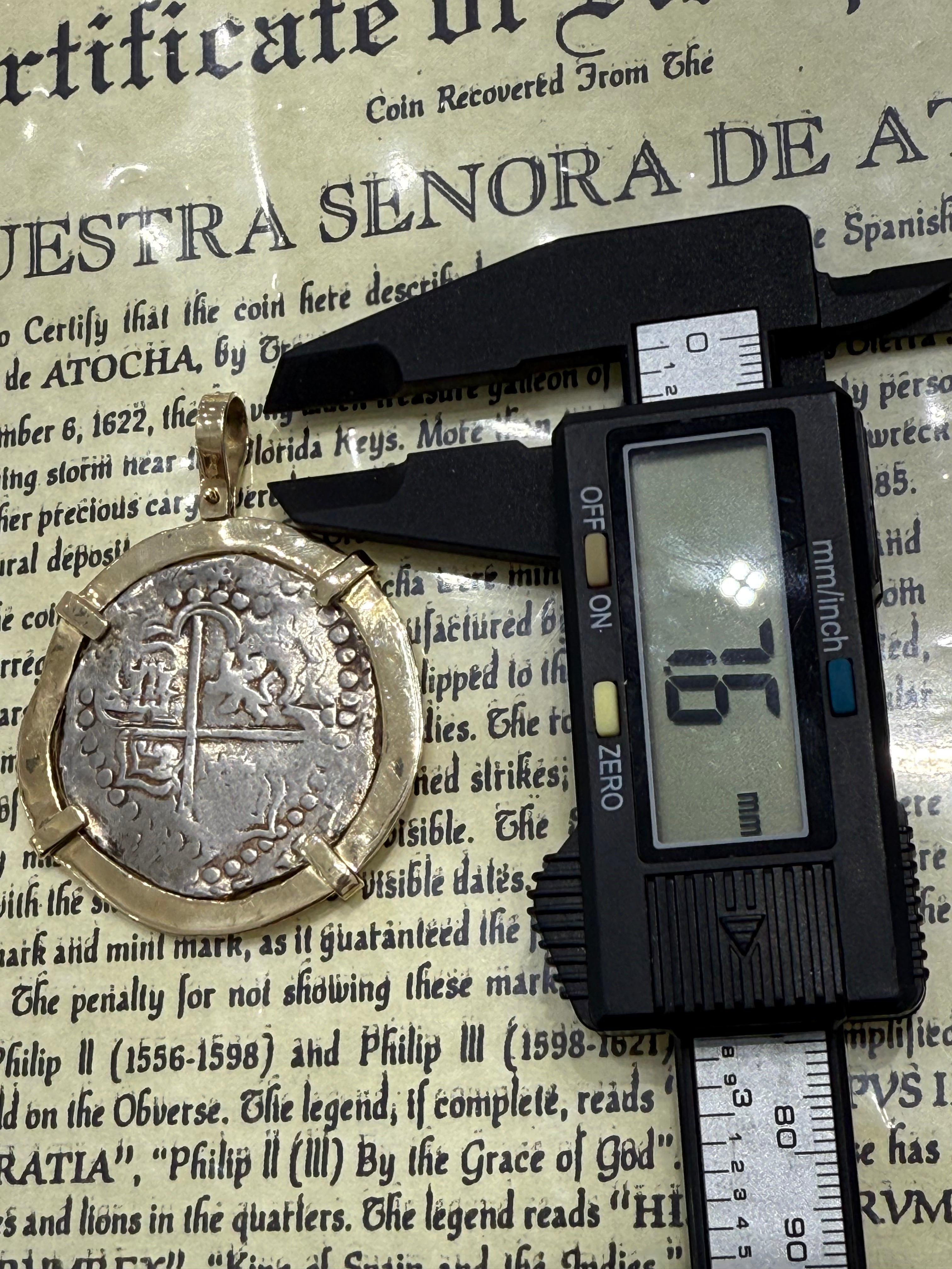 ACTUAL COIN NUESTRA SENORA DE ATOCHA SILVER COIN 8 REALE GRADE 1 COIN NO ML-292379 BEZELED WITH 14k SOLID REAL GOLD