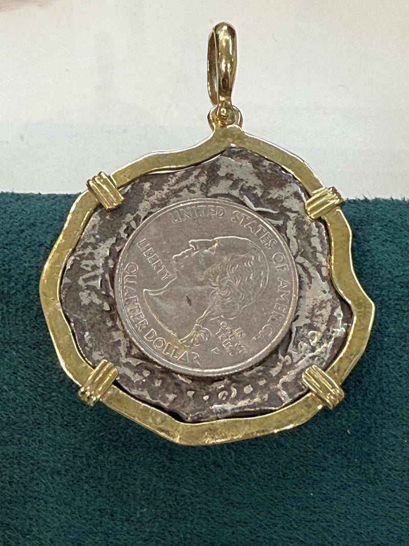 ATOCHA SILVER COIN PENDANT IN 14K REAL SOLID GOLD BEZEL 8 REALE SIZE HANDMADE FROM ATOCHA SILVER