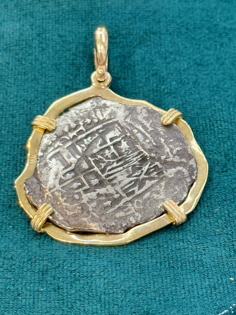 ATOCHA SILVER COIN PENDANT IN 14K REAL SOLID GOLD BEZEL 8 REALE SIZE HANDMADE FROM ATOCHA SILVER