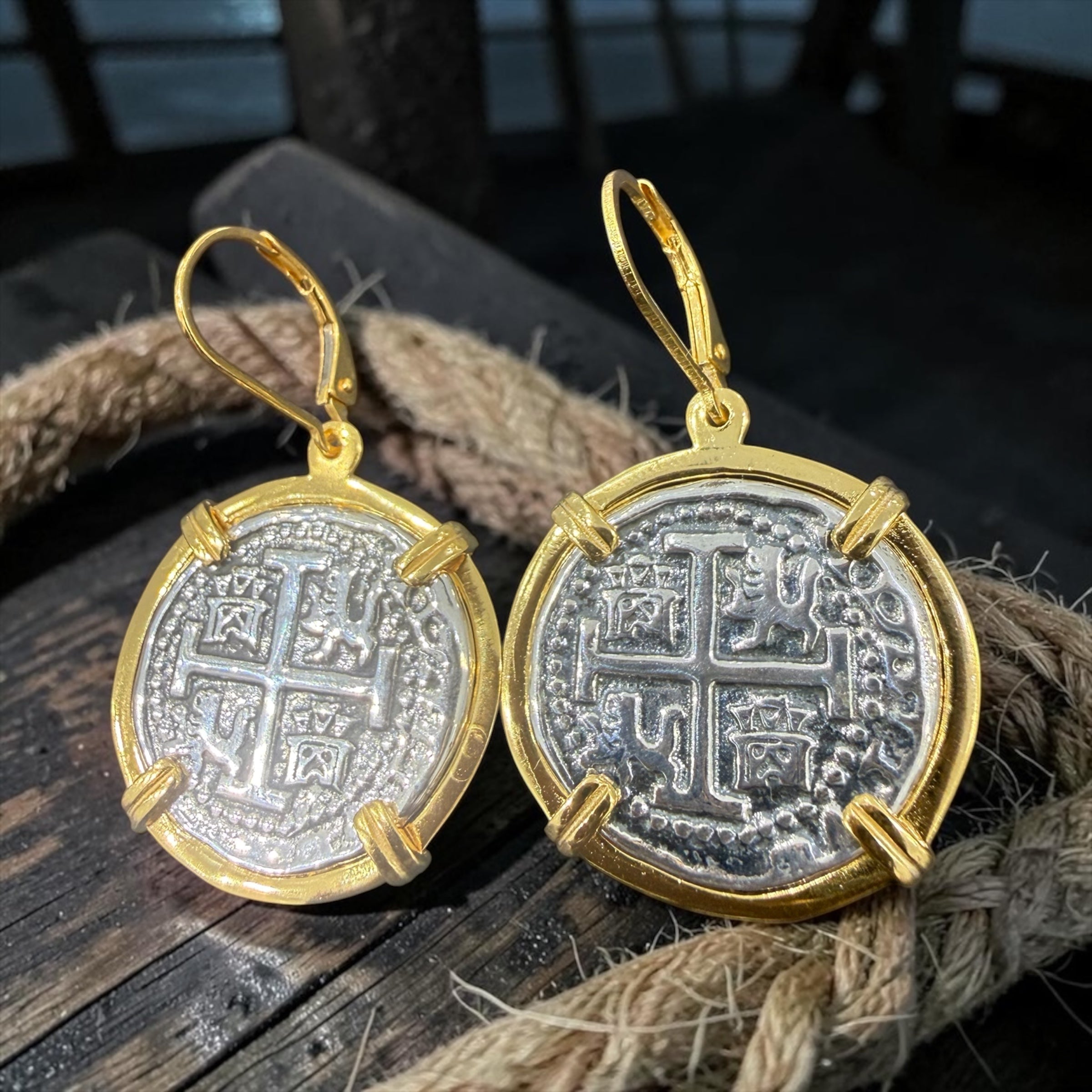 925 sterling silver recreation of Atocha coin earrings in beautiful 14k gold plating