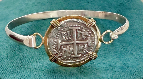 ATOCHA SOLID SILVER COIN BANGLE BEZELED WITH 14k SOLID GOLD BEZEL