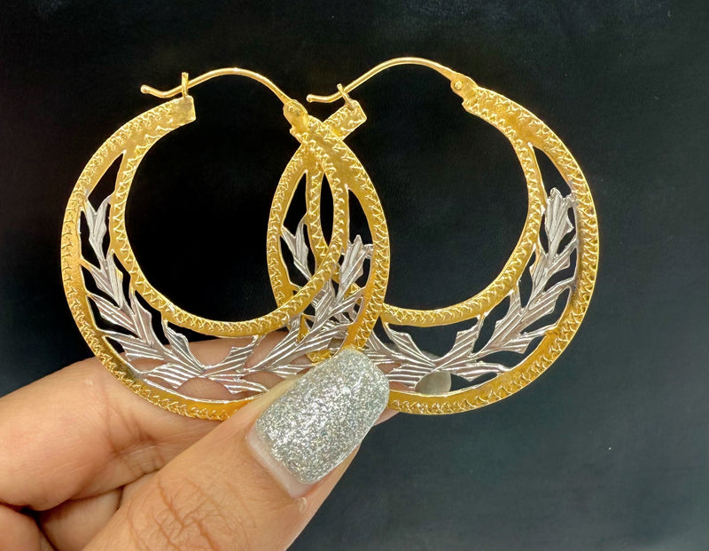 14K REAL GOLD HANDMADE JUMBO CUBAN HOOP EARRINGS TWO TONE