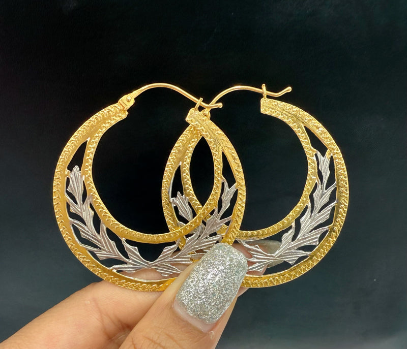 14K REAL GOLD HANDMADE JUMBO CUBAN HOOP EARRINGS TWO TONE