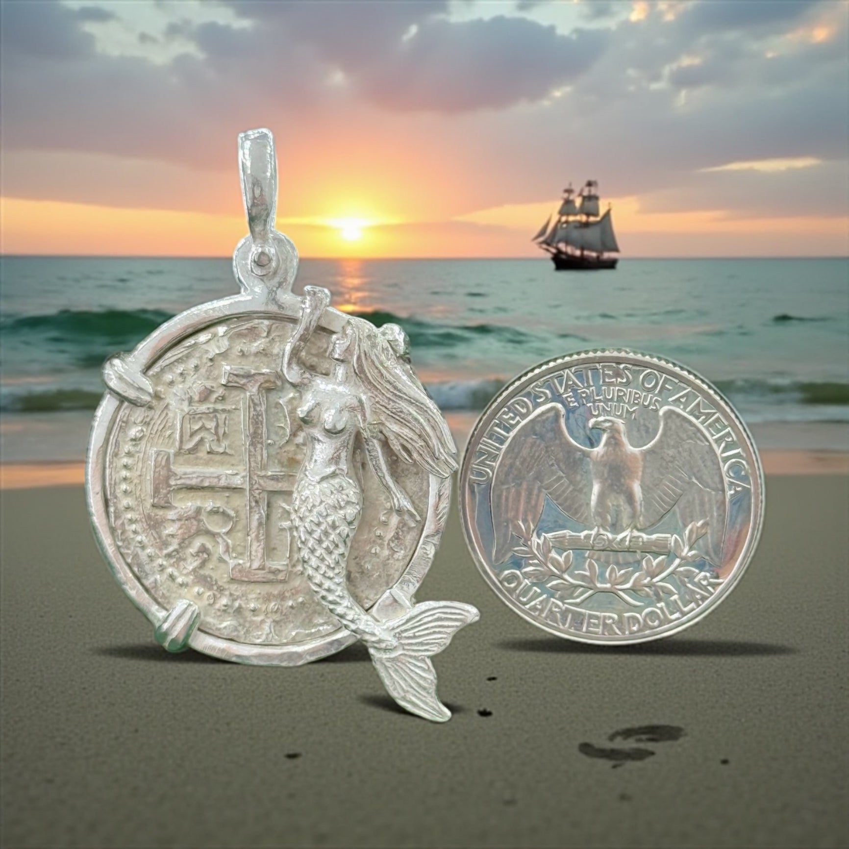 ATOCHA SOLID SILVER COIN PENDANT IN BEAUTIFUL MERMAID
