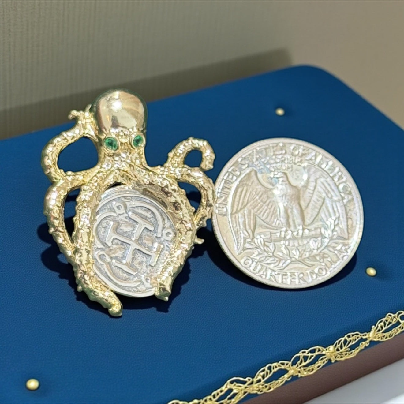 Gorgeous atocha 925 solid sterling silver coin pendant in octopus setting with green gemstone eyes in 14k gold vermeil