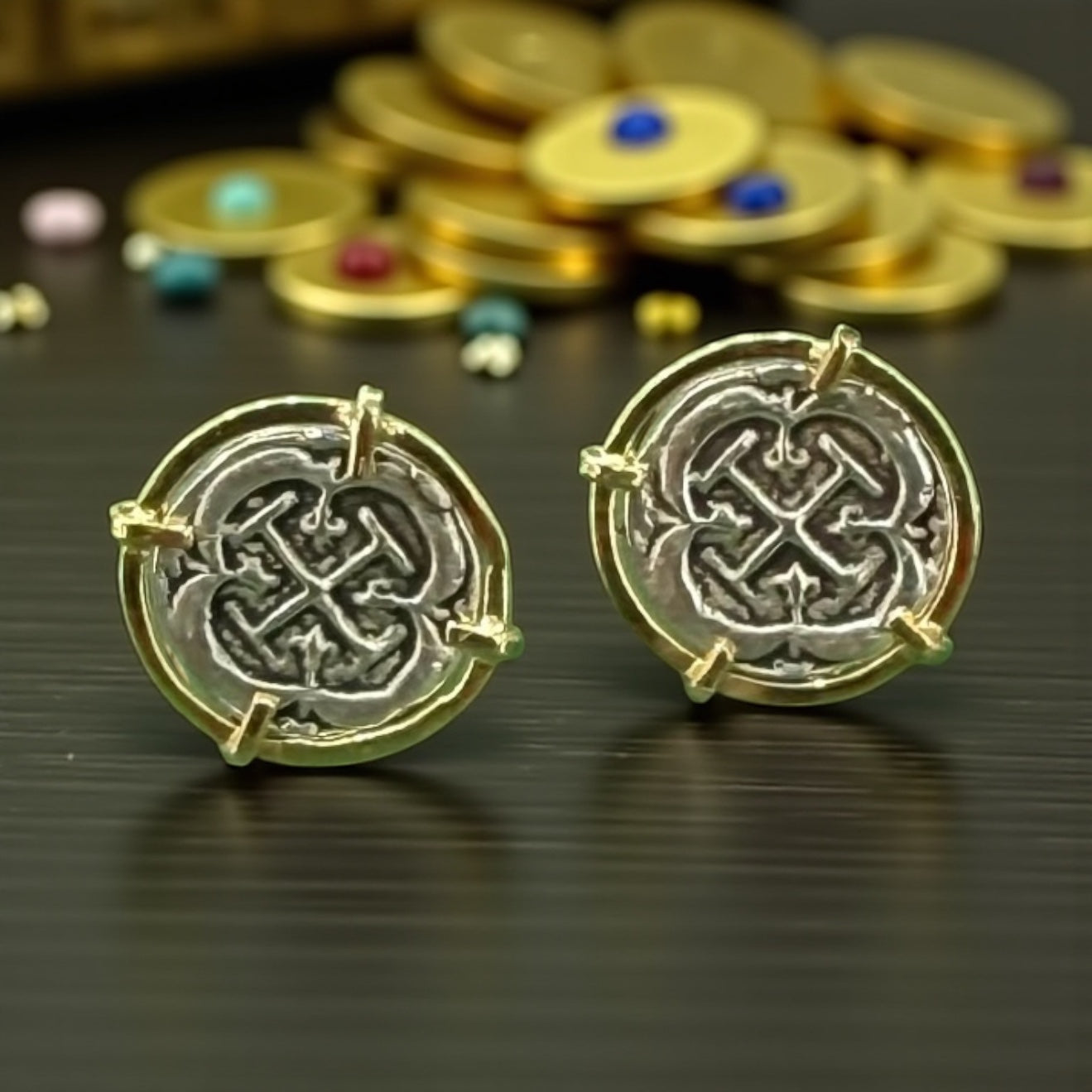 ATOCHA MINI SILVER COIN EARRINGS IN 14k GOLD BEZEL 12MM