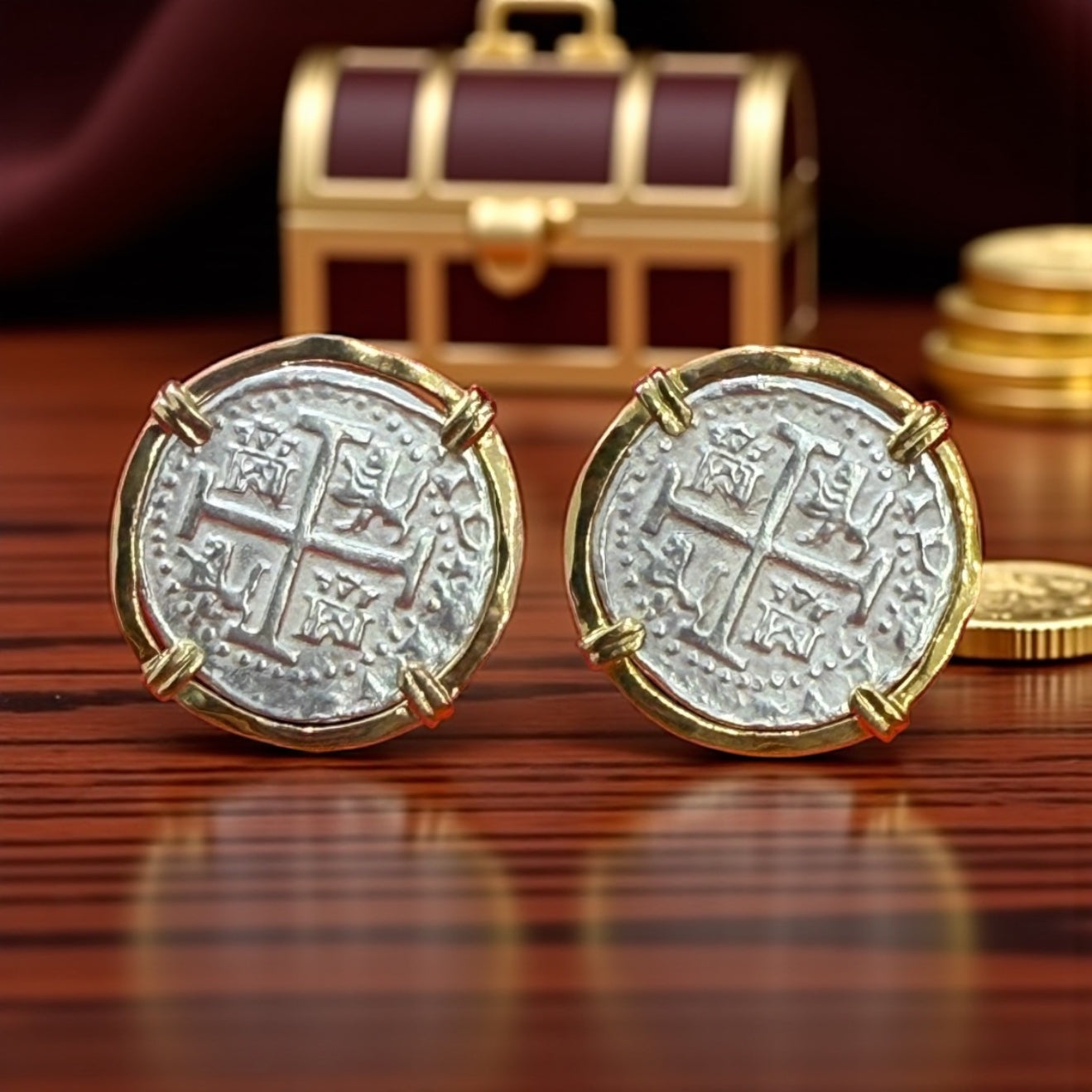 Atocha Silver COCKTAIL Coin Earrings 25mm in 14k real gold bezel
