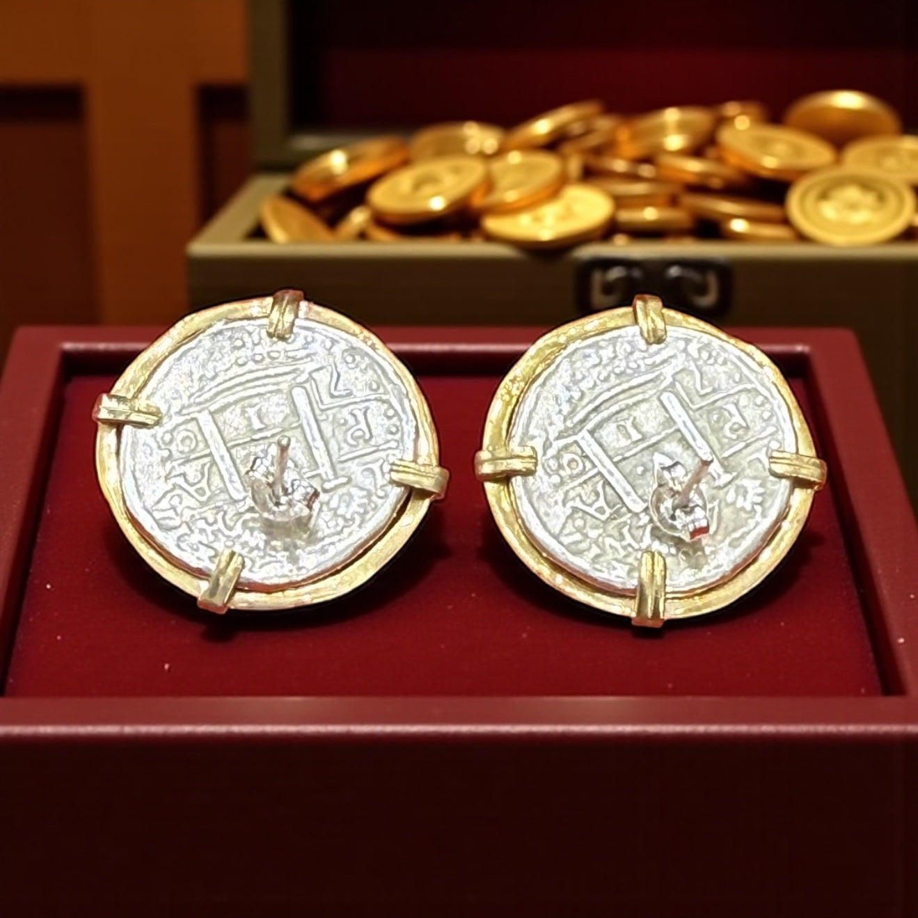 Atocha Silver COCKTAIL Coin Earrings 25mm in 14k real gold bezel