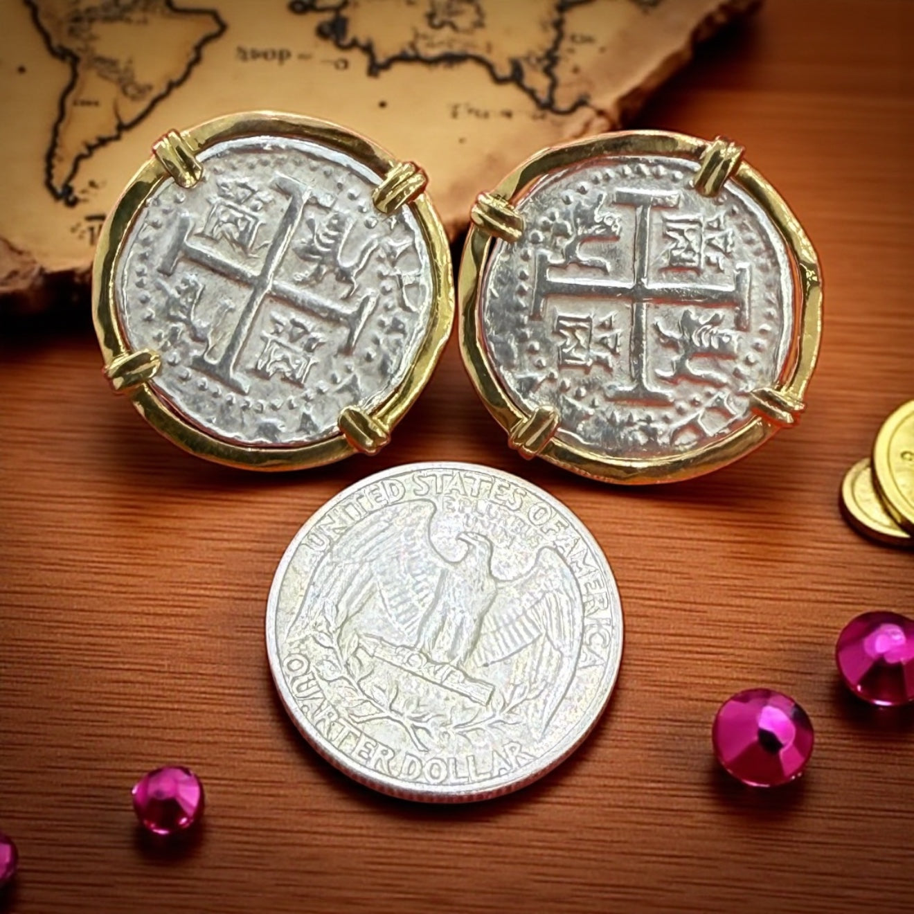Atocha Silver COCKTAIL Coin Earrings 25mm in 14k real gold bezel