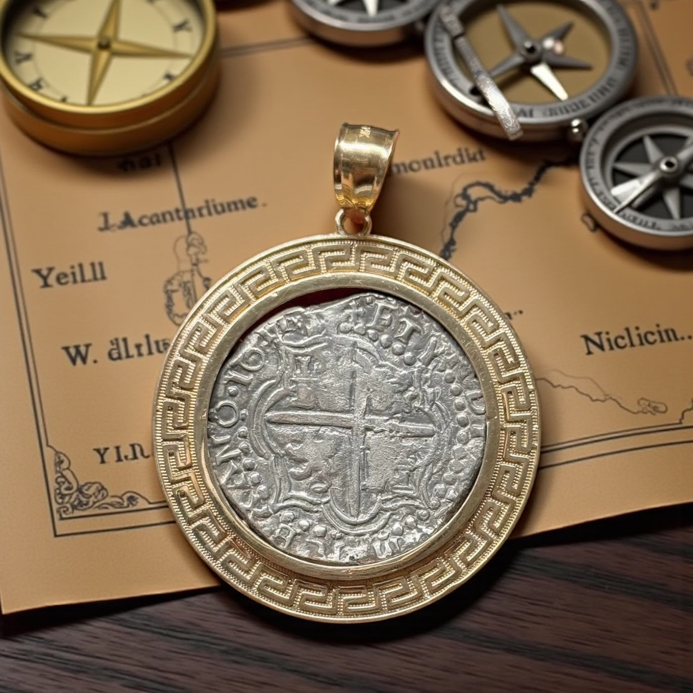 ATOCHA LARGE SILVER COIN PENDANT IN 10KT REAL GOLD SETTING