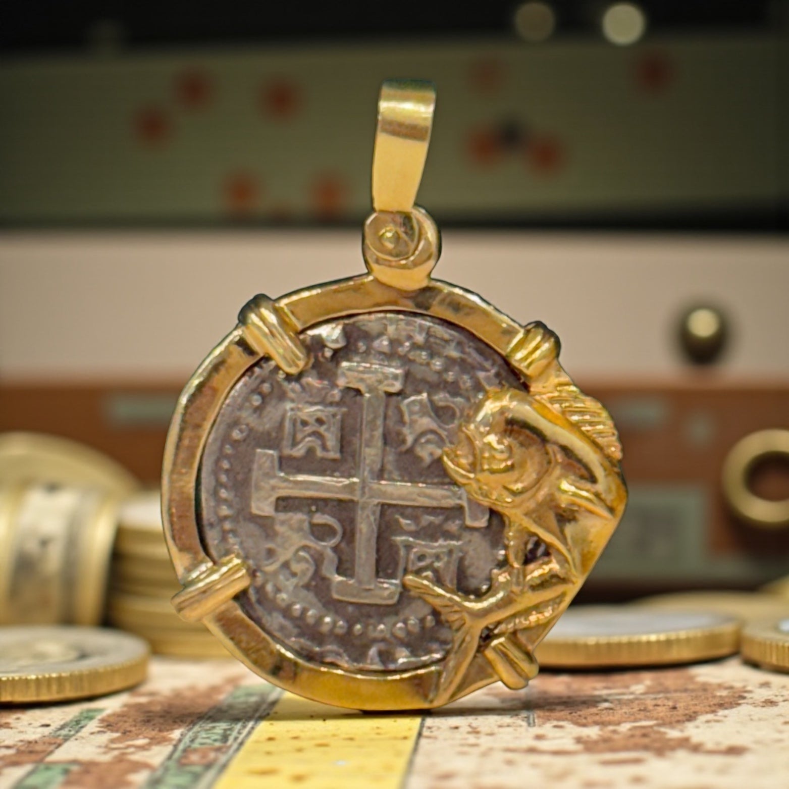 ATOCHA SOLID SILVER COIN PENDANT IN 14KT SOLID REAL GOLD MAHI MAHI FISH BEZEL