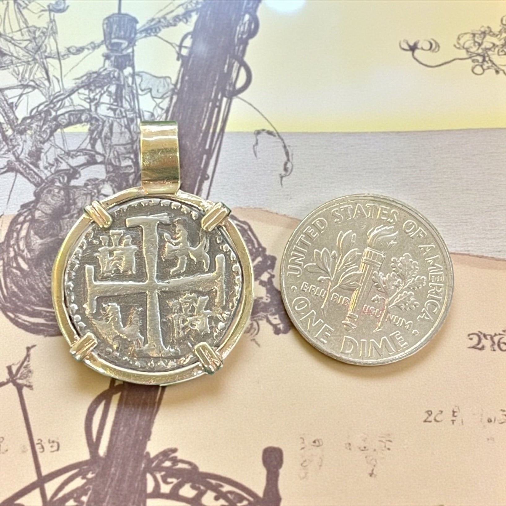 ATOCHA SILVER COIN PENDANT IN 14K REAL SOLID GOLD BEZEL HANDMADE FROM ATOCHA SILVER