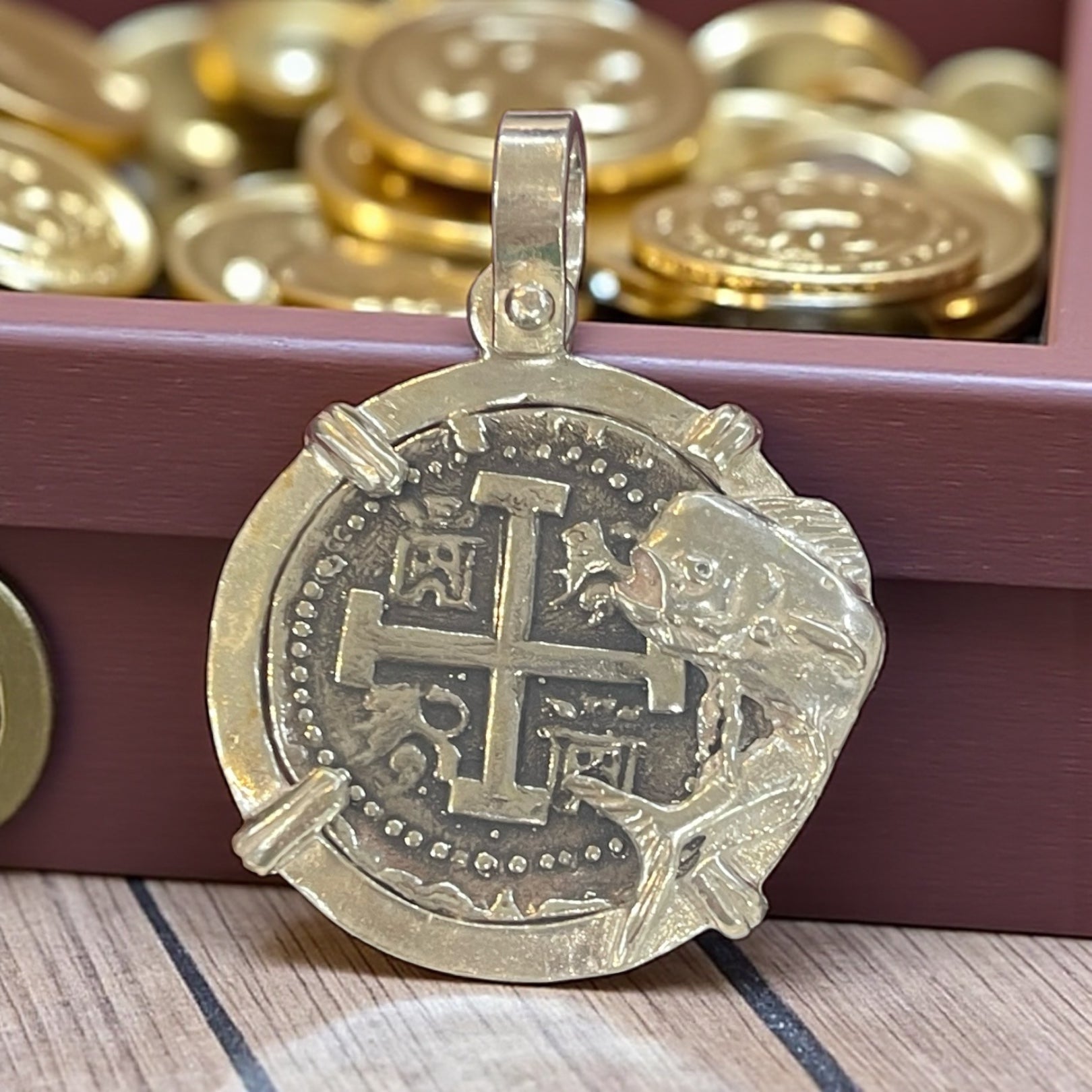ATOCHA SOLID SILVER COIN PENDANT IN FISH BEZEL