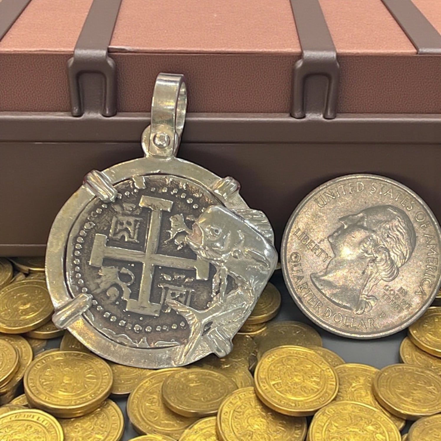 ATOCHA SOLID SILVER COIN PENDANT IN FISH BEZEL