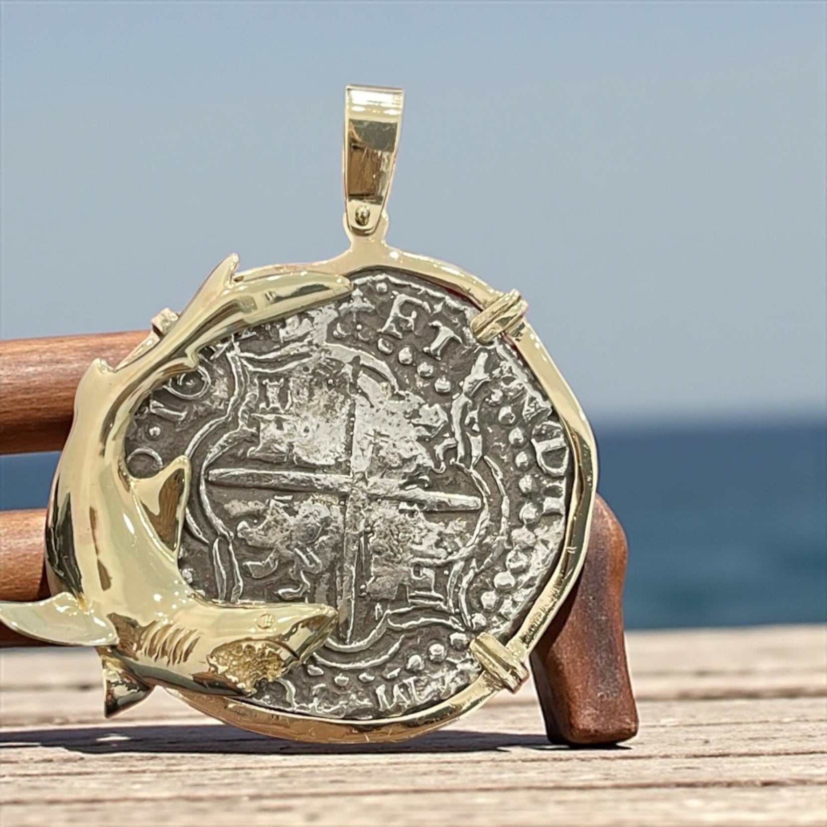 NUESTRA SENORA DE ATOCHA SOLID LARGE SILVER COIN PENDANT IN 14KT SOLID REAL GOLD FISH BEZEL
