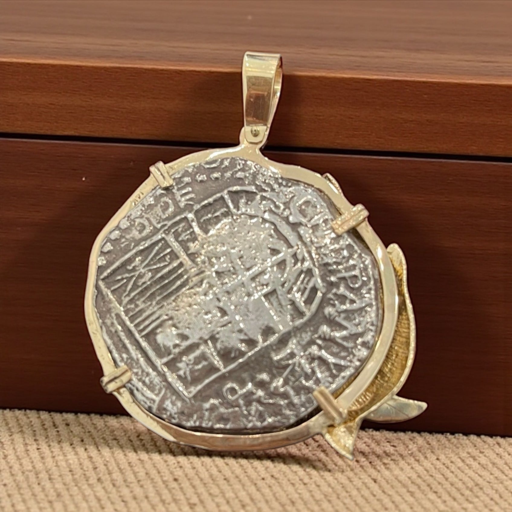 NUESTRA SENORA DE ATOCHA SOLID LARGE SILVER COIN PENDANT IN 14KT SOLID REAL GOLD FISH BEZEL