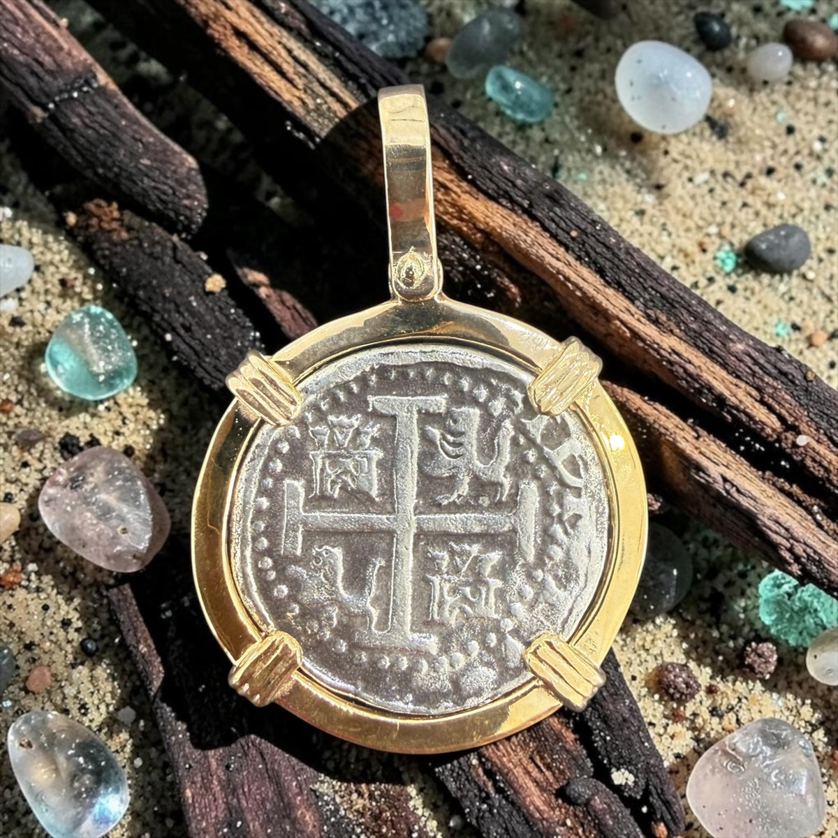 RECREATION OF NUESTRA SENORA DE ATOCHA SILVER COIN PENDANT IN 14KT SOLID GOLD BEZEL AND SOLID BALE HANDMADE