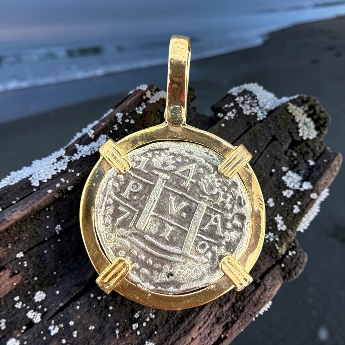 RECREATION OF NUESTRA SENORA DE ATOCHA SILVER COIN PENDANT IN 14KT SOLID GOLD BEZEL AND SOLID BALE HANDMADE