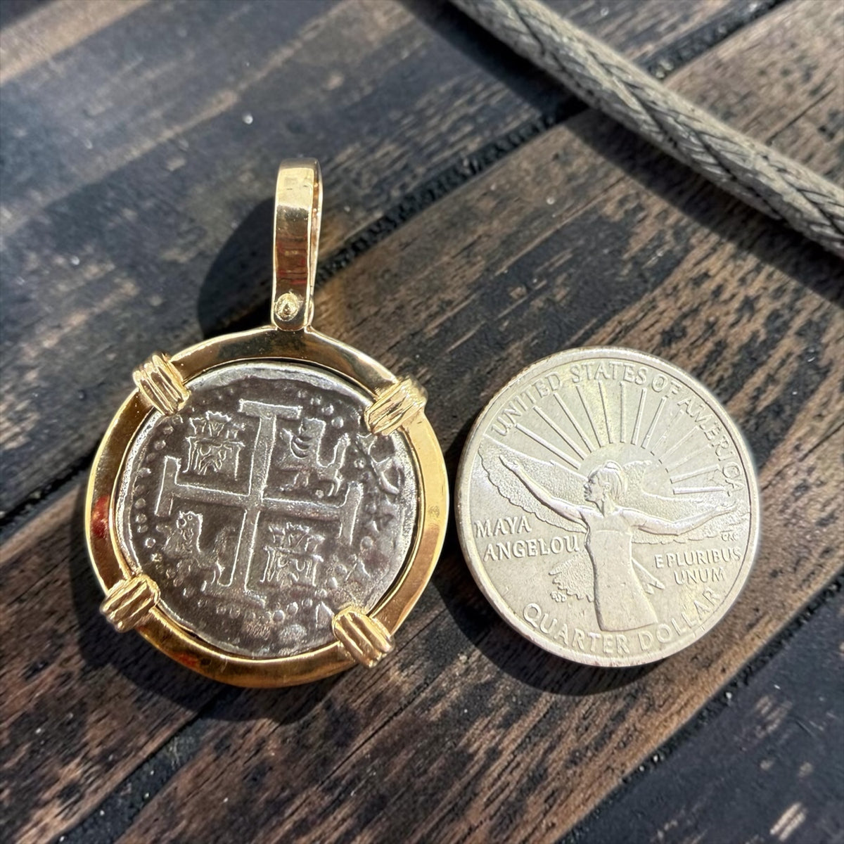 RECREATION OF NUESTRA SENORA DE ATOCHA SILVER COIN PENDANT IN 14KT SOLID GOLD BEZEL AND SOLID BALE HANDMADE