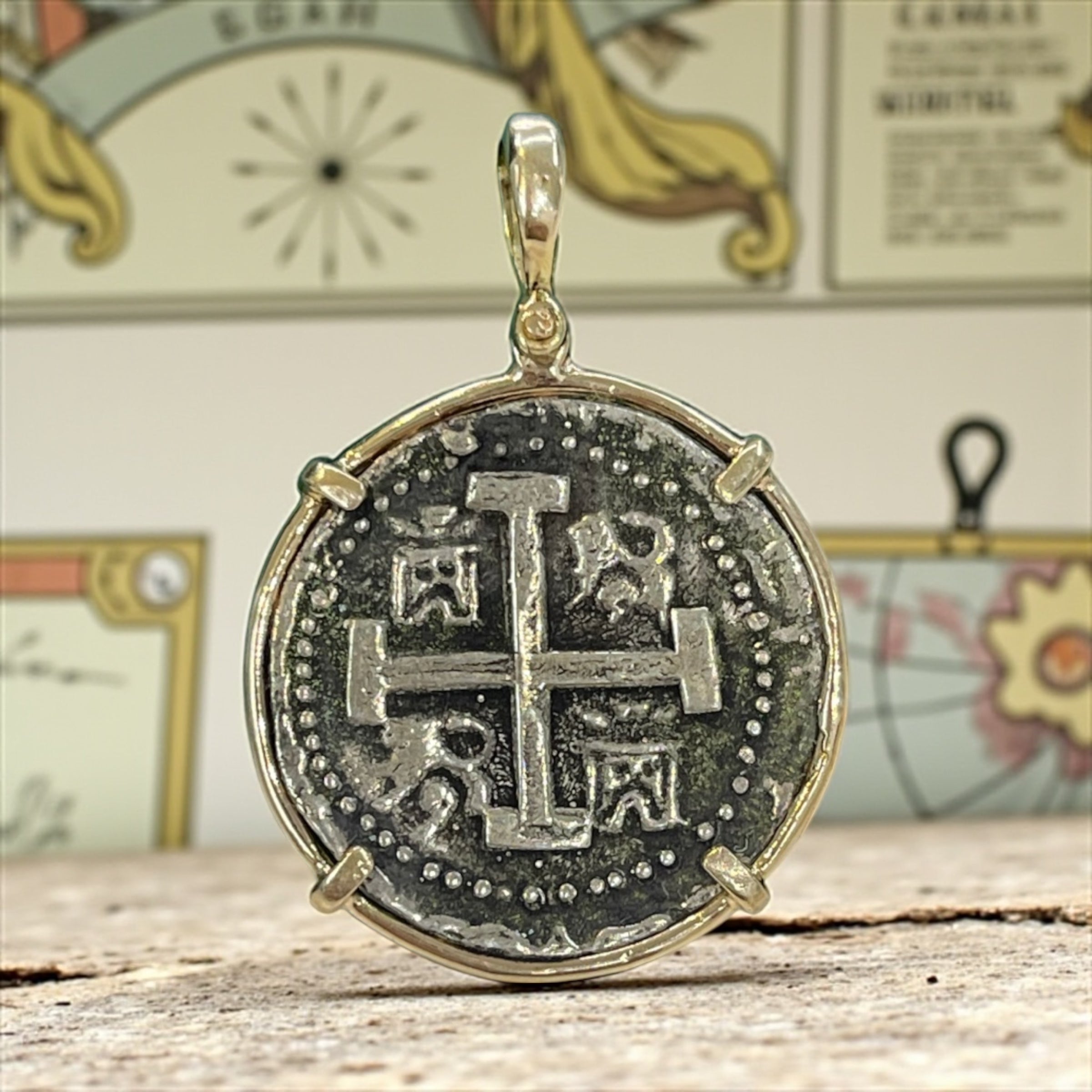 ATOCHA SILVER COIN PENDANT IN 14K REAL SOLID GOLD BEZEL HANDMADE FROM ATOCHA SILVER