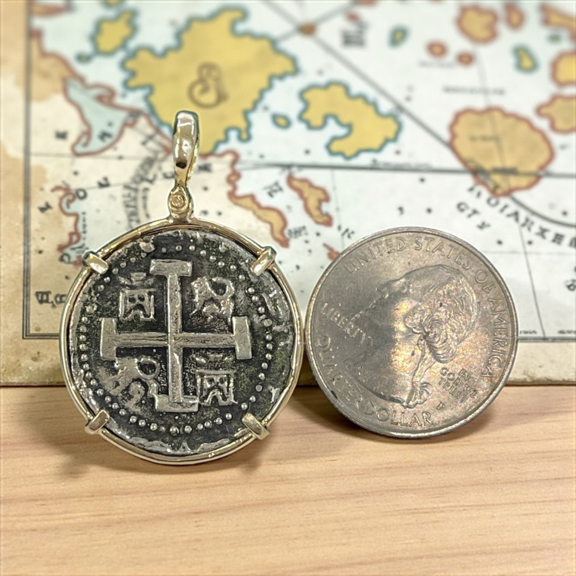 ATOCHA SILVER COIN PENDANT IN 14K REAL SOLID GOLD BEZEL HANDMADE FROM ATOCHA SILVER