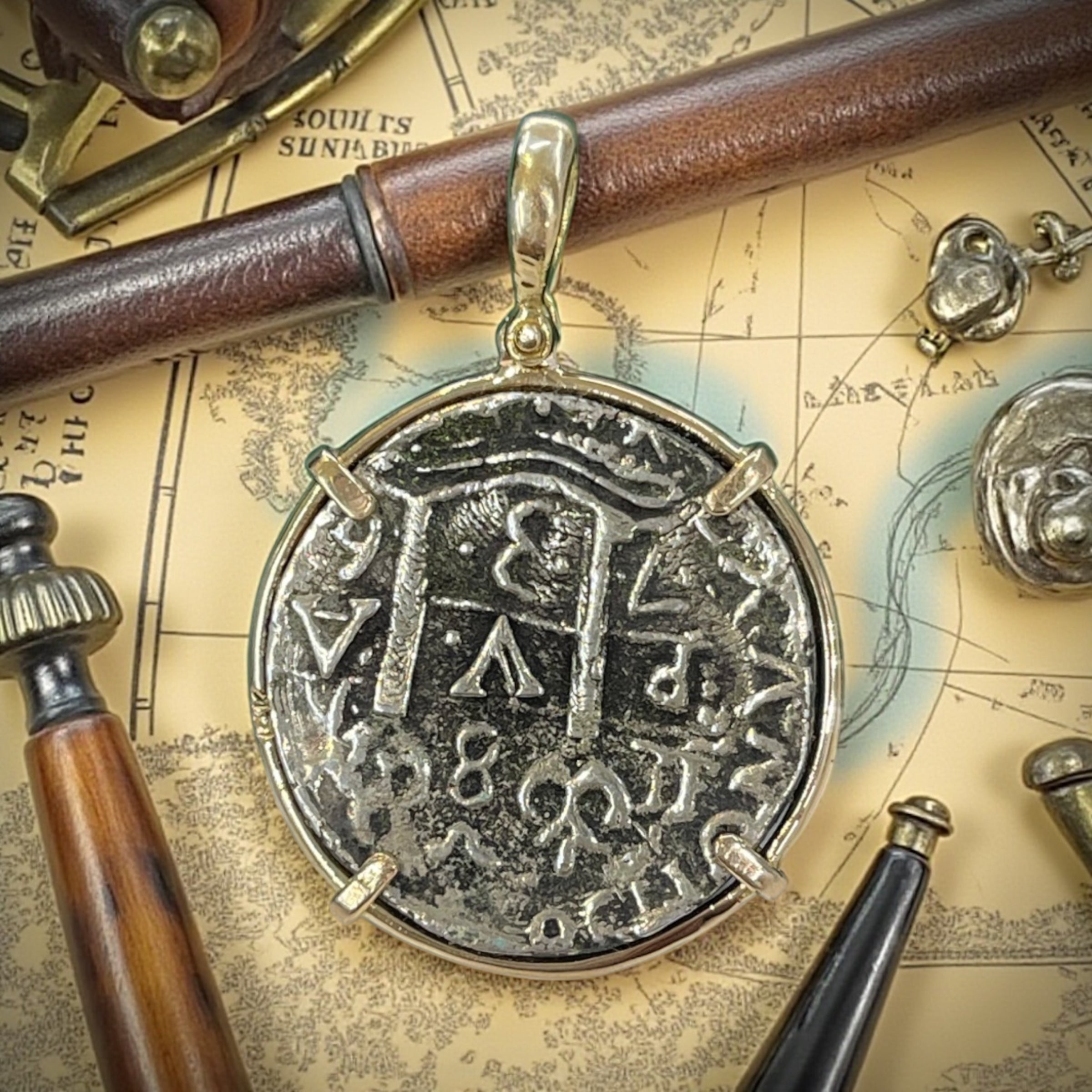 ATOCHA SILVER COIN PENDANT IN 14K REAL SOLID GOLD BEZEL HANDMADE FROM ATOCHA SILVER
